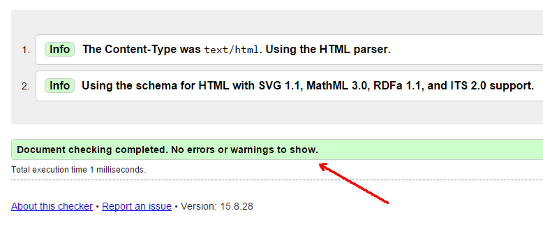 Image showing the html validator report from W3C.